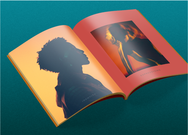 An open magazine featuring two pages with artistic, silhouette-style portraits. The left page displays a profile silhouette of a person against a warm yellow background, titled ‘Identity’, while the right page shows another silhouette of a person against a red-orange background, titled 'Expressions.'